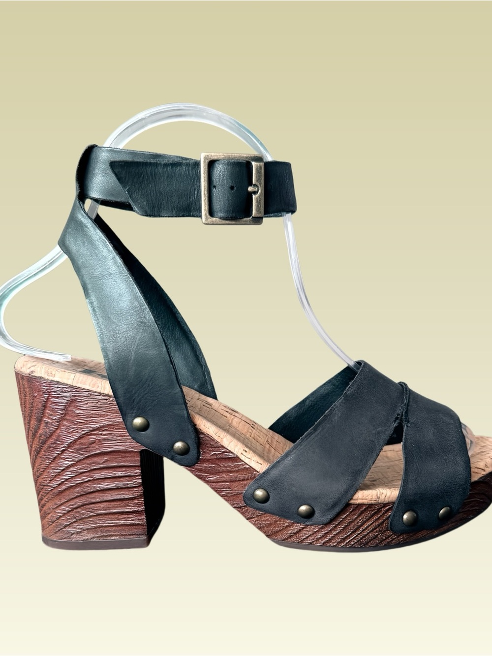 Korks Mia Black Leather Platform Sandals, Ankle Strap Block Heel, Size 6M - Picture 3 of 11